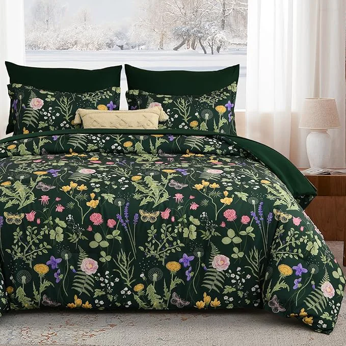 Sophisticated Yiran Floral Full Size Comforter Set 7 Piece Dark Green Comforter Bedding Set Spring Bed in a Bag Botanical Flowers Pattern Soft Lighrweight Complete Comforters with Sheets for Women Flexible