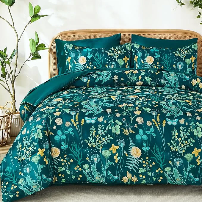 Selected Yiran King Size Comforter Set 7 Piece Teal Green Floral Bedding Set Lightweight Bed in a Bag King with Botanical Flowers Spring Soft Microfiber Complete Bedding Set with Sheets for All Season Natural