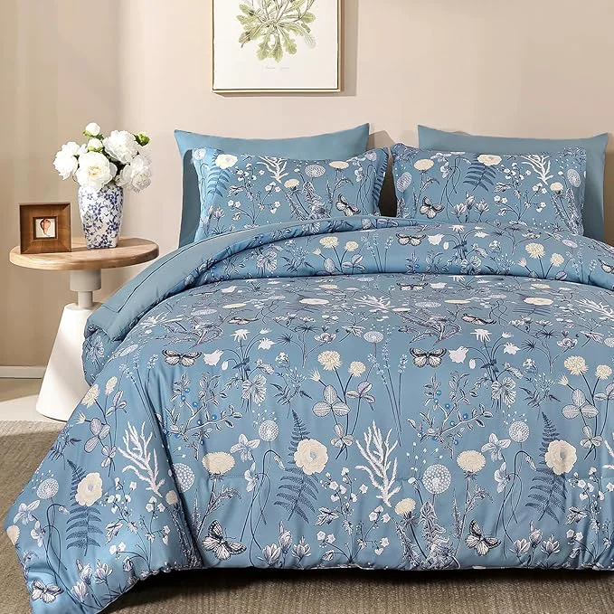 Consistent Yiran Blue Comforter Set King Size 7 Piece Floral Comforter Bedding Set Botanical Farmhouse Bed in a Bag Soft Microfiber Complete Bedding Set with Sheets for All Season Safe