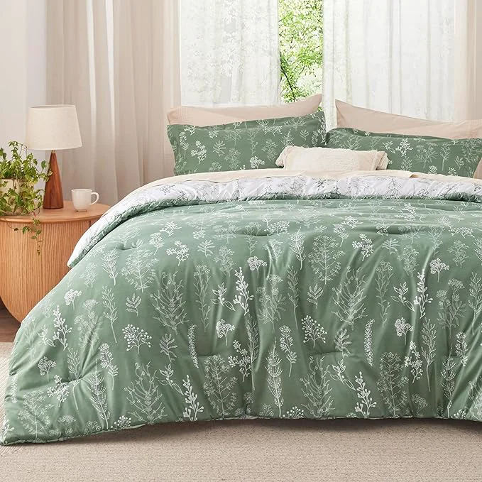Original Bedsure Queen Comforter Set – Green Bed Set 3 Pieces Cute Floral Bedding 1 Soft Reversible Botanical Flowers Comforter and 2 Pillow Shams Specialty