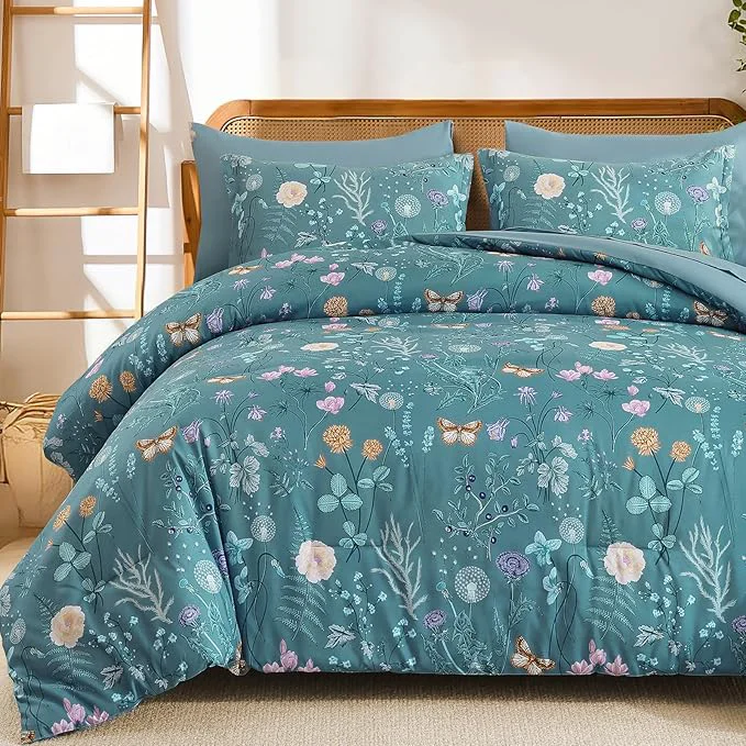 Premium Material Yiran Queen Comforter Set 7 Pieces Mineral Blue Floral Soft Bedding Sets Queen Bed in a Bag with Botanical Flowers All Season Comforter Sheets Pillowcases amp Shams Breathable