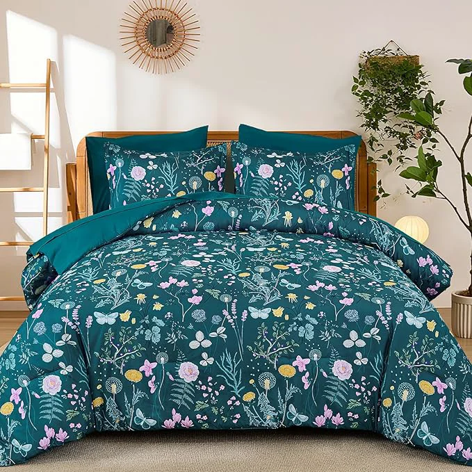 Fine Crafted Yiran Teal Blue Comforter Set Queen Size 7 Piece Floral Botanical Comforter Bedding Set Farmhouse Bed in a Bag Soft Microfiber Complete Bedding Set with Sheets for All Season Minimalist