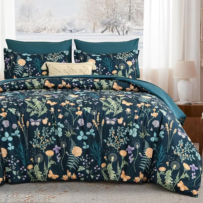 Easy-to-Use Yiran King Size Comforter Set 7 Pieces Peacock Blue Botanical Floral Winter Comforter Bedding Set Bed in a Bag King Soft Microfiber Complete Bedding Set with Sheets for All Season Official