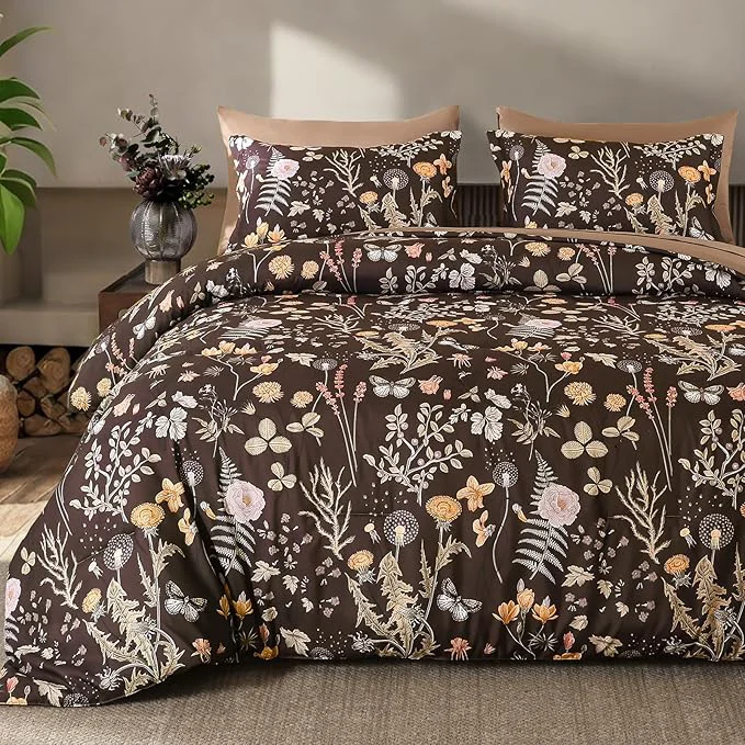 Proven Yiran Brown Comforter Set Queen Size 7 Piece Floral Comforter Bedding Set Farmhouse Bed in a Bag Soft Microfiber Complete Bedding Set with Sheets for All Season Secure