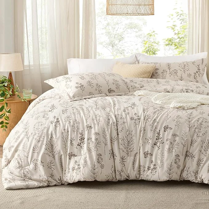 Natural Bedsure Queen Comforter Set – Beige Bed Set 3 Pieces Cute Floral Bedding 1 Soft Botanical Flowers Comforter and 2 Pillow Shams Professional