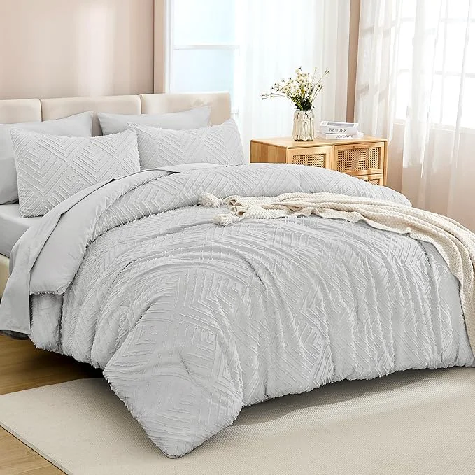 Advanced Andency Light Grey Super King Size Comforter Set with Sheets – 7 Pieces Bed in a Bag Boho Tufted Bedding Sets Fluffy Lightweight Super King Bed Set with Comforter Sheets Pillowcases amp Shams Refined
