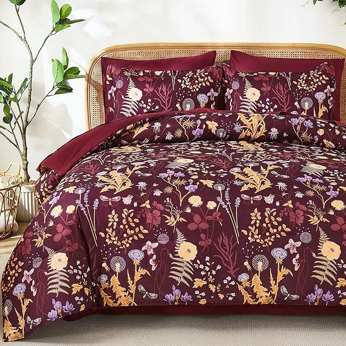 Artisan Yiran King Size Comforter Set 7 Piece Burgundy Floral Bedding Set Lightweight Bed in a Bag King with Botanical Flowers Spring Soft Warm Dark Red Comforters with Sheets Complete for All Season Reusable