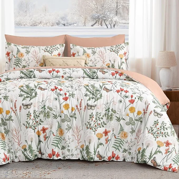 Exclusive Yiran 7 Piece Floral Comforter Set King Size Pink Green Summer Comforter Bedding Set Botanical Bed in a Bag with Flowers Pattern Soft Microfiber Complete Bedding Set with Sheets for All Season Relaxed