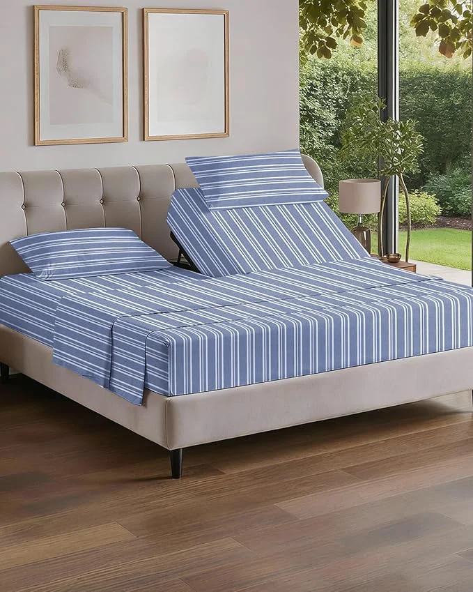 Authentic Flex Top Split Head King 4 Piece Sheet Set – Comfy Breathable amp Cooling Bed Sheets Set – Hotel Luxury Bedding for Women Men Kids Teens Boys amp Girls – Deep Pockets Soft – Oeko-Tex – Blue Stripes Natural