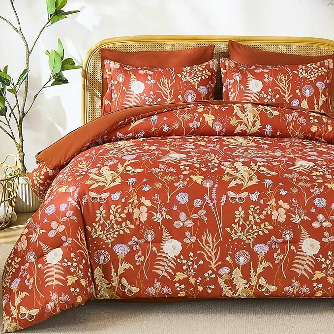 Exclusive Yiran King Size Comforter Set 7 Piece Burnt Orange Floral Bedding Set Lightweight Bed in a Bag King with Botanical Flowers Spring Soft Warm Terracotta Comforters with Sheets Complete for All Season World-Class