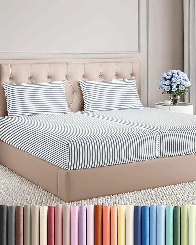 First-Class Split King Size 5 Piece Sheet Set – Comfy Breathable amp Cooling Bed Sheets Set – Hotel Luxury Bedding for Women Men Kids Teens Boys amp Girls – Deep Pockets amp Wrinkle – Oeko-Tex – Blue Stripes 2 Organic