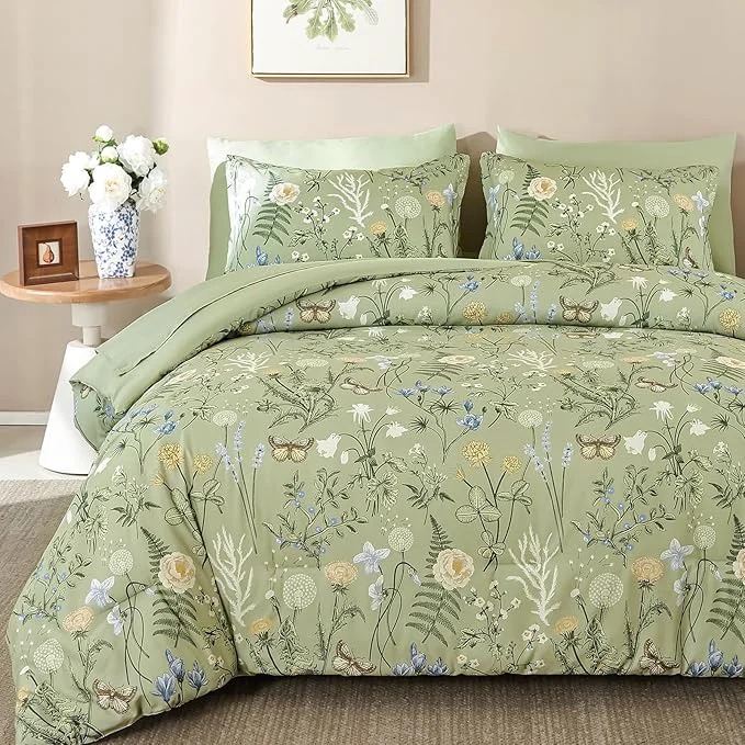 Sophisticated Yiran Sage Green Floral Comforter Set King Size 7 Piece Botanical Comforter Bedding Set Farmhouse Bed in a Bag Soft Microfiber Complete Bedding Set with Sheets for All Season Reusable