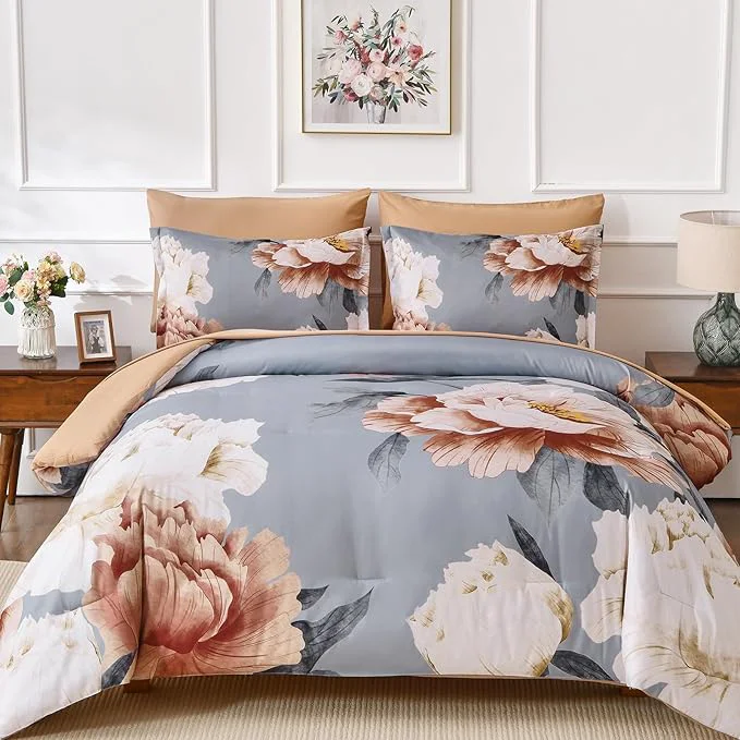 High-Quality Dobuyly Floral Comforter Set Queen Brown Flower Printed on Grey Comforter Set with Sheets 7 Piece Botanical Bed in a Bag Soft Microfiber Farmhouse Bedding Set for All Season Recyclable