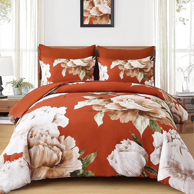 High-Quality Dobuyly Burnt Orange Comforter Set King Size 7 Piece Bed in a Bag Floral Printed on Terracotta Comforter Set with Sheets Soft Microfiber Botanical Fall Bedding Set for All Season Stylish