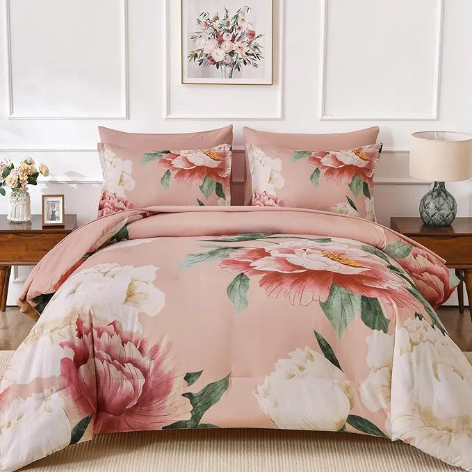 Smooth Dobuyly Coral Comforter Set Queen 7 Piece Bed in a Bag for Girls Women Coral Pink Floral Bedding Set Soft Microfiber Bed Set with Comforter Sheets Pillowcases amp Shams Original