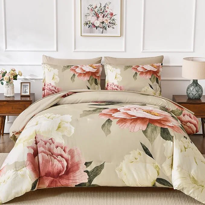 Powerful Dobuyly King Size Comforter Set 7 Piece Bed in a Bag Pink Floral Printed on Khaki Comforter Set with Sheets Soft Microfiber Botanical Farmhouse Bedding Set for All Season Practical