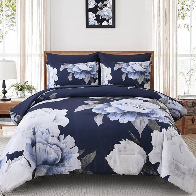 Enhanced Dobuyly Navy Blue Comforter Set Queen Size 7 Piece Bed in a Bag Floral Comforter Set with Sheets Soft Microfiber Botanical Flowers Complete Bedding Set for All Season Reliable