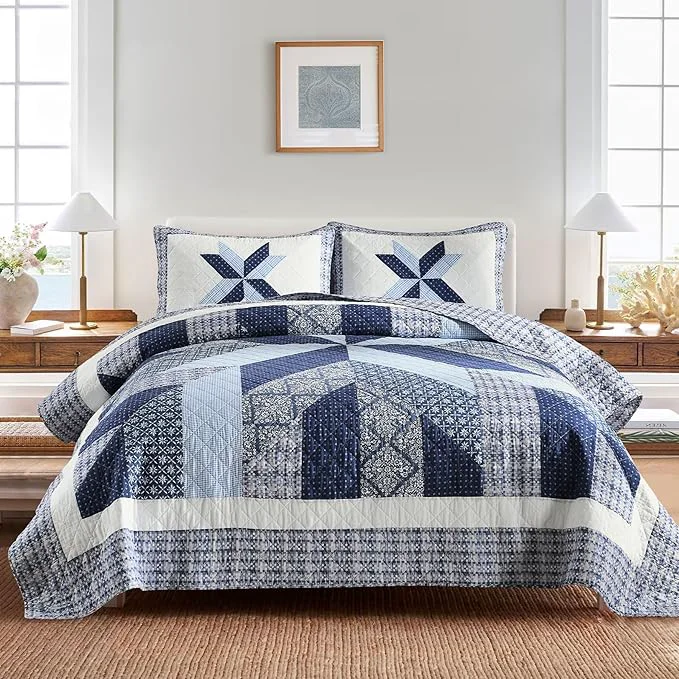 High-End Secgo Handmade Quilted Cotton Queen Comforter Set for Bed – Cotton Quilts Queen Size Black Bedspreads 90 98 Inch with 2 Pillow Shams Patchwork Reversible Lightweight Bedding Carefully Designed
