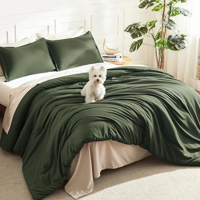 Carefully Designed Litanika Dark Olive Green Comforter Set Queen 3 Pieces Solid Bedding Comforter Set All Season Fluffy Bed Set 90x90In Comforter amp 2 Pillowcases Eco-Friendly