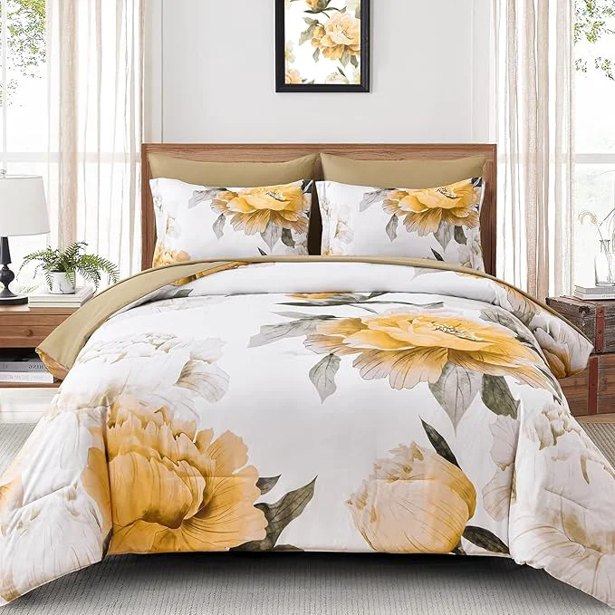 Dobuyly Yellow King Size Comforter Set 7 Piece Bed in a Bag Yellow Floral Comforter Set with Sheets Soft Microfiber Botanical Complete Bedding Set for All Season High-Quality