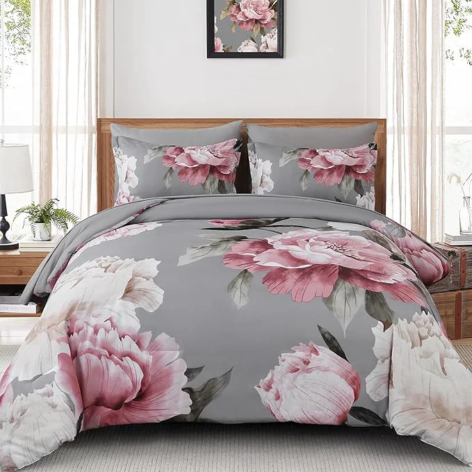 Efficient Dobuyly Pink and Grey Comforter Set King Size 7 Piece Bed in a Bag Floral Printed on Gray Comforter Set with Sheets Soft Microfiber Botanical Complete Bedding Set for All Season Official