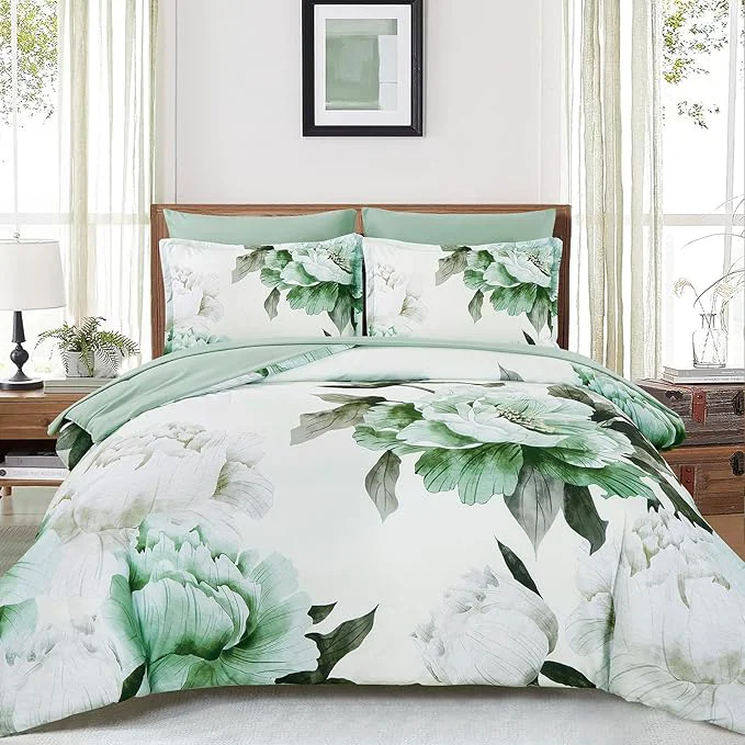First-Class Dobuyly Green Comforter Set King Size 7 Piece Bed in a Bag King Sage Green Floral Printed Comforter Set with Sheets Soft Microfiber Botanical Flower Complete Bedding Set for All Season