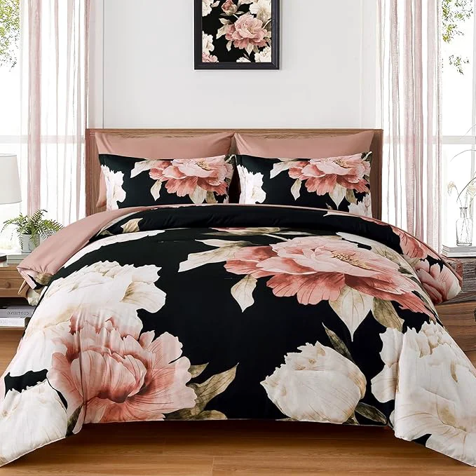 Durable Dobuyly Black King Size Comforter Set 7 Piece Bed in a Bag Pink Floral Printed on Black Comforter Set with Sheets Soft Microfiber Botanical Flower Bedding Set for All Season User-Friendly