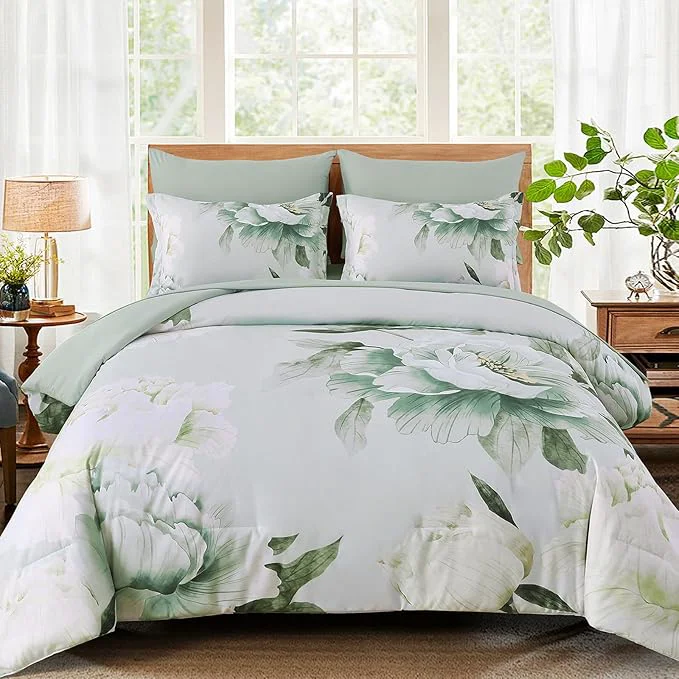 Clean Dobuyly Floral Comforter Set Queen 7 Piece Bed in a Bag Sage Green Reversible Comforter Set with Sheets Soft Microfiber Botanical Flowers Summer Bedding Set for All Season Exceptional