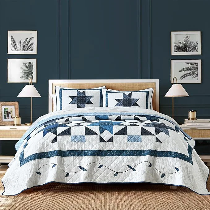 Healthy Secgo Handmade Quilted Cotton Queen Comforter Set for Bed – Cotton Quilts Queen Size Black Bedspreads 90 96 Inch with 2 Pillow Shams Patchwork Reversible Lightweight Bedding Clean
