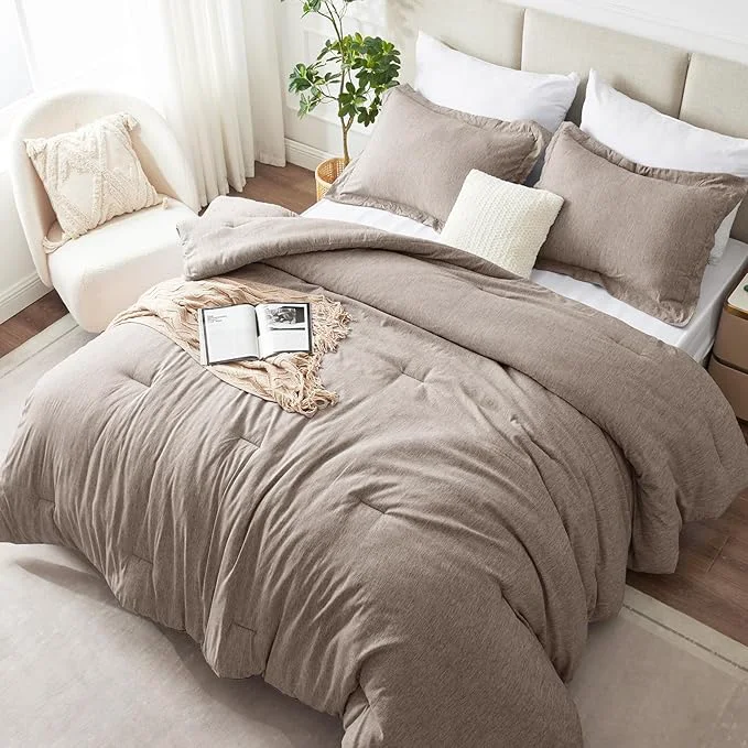 Excellent CozyLux Queen Comforter Set 3 Pieces Khaki Soft Luxury Cationic Dyeing Comforters Queen Size Bedding Sets Breathable Lightweight Fluffy Bed Set with 1 Down Comforter and 2 Pillow Shams Contemporary