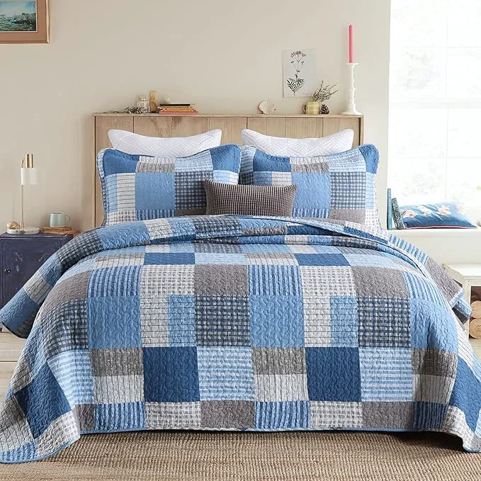 Traditional PANGUSHAN Quilts Set Queen Size Cotton Patchwork Plaid Quilt Bedding Set Blue Navy Blue Reversible Bedspreads Farmhouse Lightweight Comforter Set Bed Spread for All Season 3 Pieces High-Performance