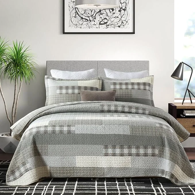 Professional PANGUSHAN Quilts Set Queen Size Cotton Patchwork Plaid Queen Quilt Bedding Set Bedspread for Queen Bed Grey Gray Cream Khaki Farmhouse Rustic Reversible Lightweight Comforter Bed Cover 3 Pieces Clean