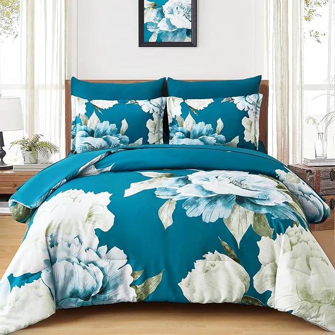 Eco-Friendly Dobuyly Teal Comforter Set King 7 Piece Bed in a Bag Teal Blue Floral Printed Comforter Set with Sheets Soft Microfiber Botanical Complete Bedding Set for All Season Proven