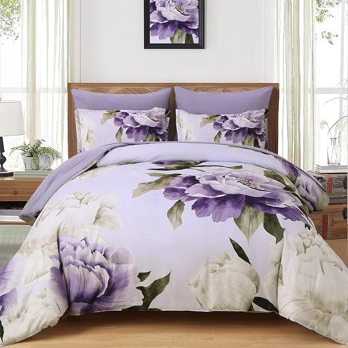 Natural Dobuyly Purple Twin Comforter Set 5 Piece Bed in a Bag Twin Size Purple Floral Printed on Light Purple Comforter Set with Sheets Soft Microfiber Botanical Complete Bedding Set for All Season Stylish