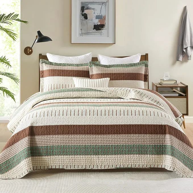 Dependable PANGUSHAN Cotton Quilt Set King Size Patchwork King Quilt Bedding Set Bedspreads Farmhouse Lightweight Comforter Reversible Quilt Green Brown Beige Bed Spread for All Season 3 Pieces Trendy