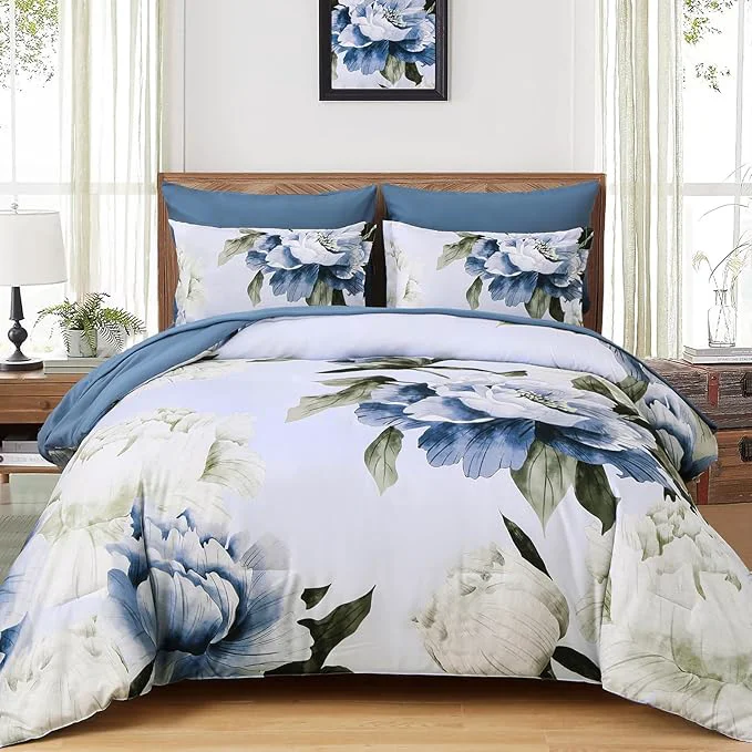 Elegant Dobuyly Blue Twin Comforter Set 5 Piece Bed in a Bag Twin Size Blue Floral Print on Light Blue Comforter Set with Sheets Soft Microfiber Complete Bedding Set for All Season Lightweight