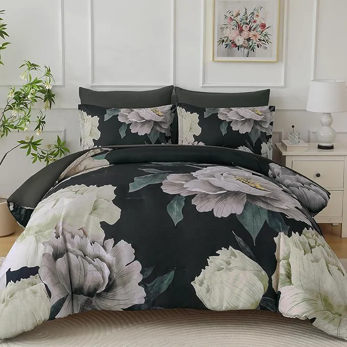 Secure Dobuyly Black Comforter Set King Size 7 Piece Bed in a Bag Floral Comforter Set with Sheets Soft Microfiber Botanical Flower Bedding Set for All Season Genuine