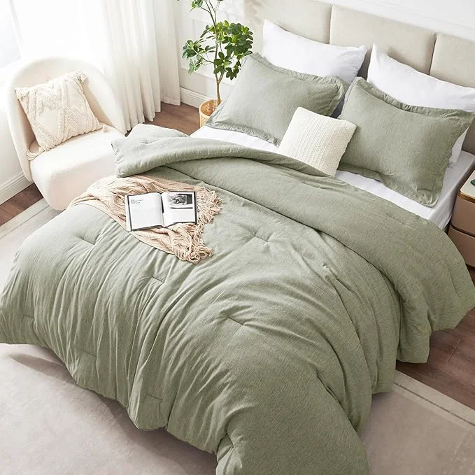 Modern CozyLux Queen Size Comforter Set – 3 Pieces Olive Green Soft Luxury Cationic Dyeing Bedding Comforter for All Season Breathable Lightweight Fluffy Boho Bed Sets with 1 Comforter and 2 Pillow Shams Fine