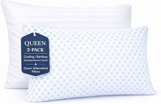 Convenient Nestl Cooling Memory Foam Pillow with Down Pillows Combo Set – Queen Size Set of 2 1 Soft and 1 Firm Adjustable for Side Back Stomach Sleepers Breathable Washable Bed Cover 20 x30 Organic