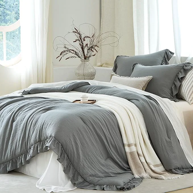 Sophisticated Grey Ruffle Comforter Set King Pre-Washed Shabby Chic Bedding Set Lightweight Cottagecore Soft Romantic Cozy 1 Comforter amp 2 Shams All-Season High-End