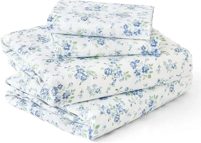 Fast MUXHOMO Queen Size 4 Piece Sheet Set Soft Breathable Bed Sheet Set for Bedroom with Deep Pocket Up to 16 quot Wrinkle- amp Cooling Bedding for Oeko-TEX – Blossoms Light Blue Certified
