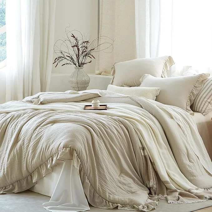 Refined Beige Ruffle Comforter Set Twin Pre-Washed Shabby Chic Bedding Set Lightweight Cottagecore Soft Romantic Cozy 1 Comforter amp 1 Sham All-Season Casual