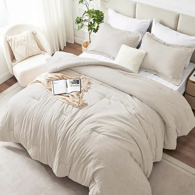 Original CozyLux Full Size Comforter Set 3 Pieces Beige Soft Luxury Cationic Dyeing Comforter Full Size Bedding Set Breathable Lightweight Bed Sets with 1 Down Comforter and 2 Pillow Shams Fast