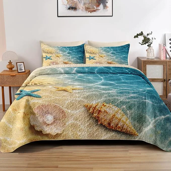 Comfortable Quilt Set King Size Summer Beach Seashell 3 Pcs Soft Bed Cover Bedding Set for Kids and Adults Blue Ocean Sea Shell Lightweight Bedspread Coverlet with Pillow Sham for All Season Efficient