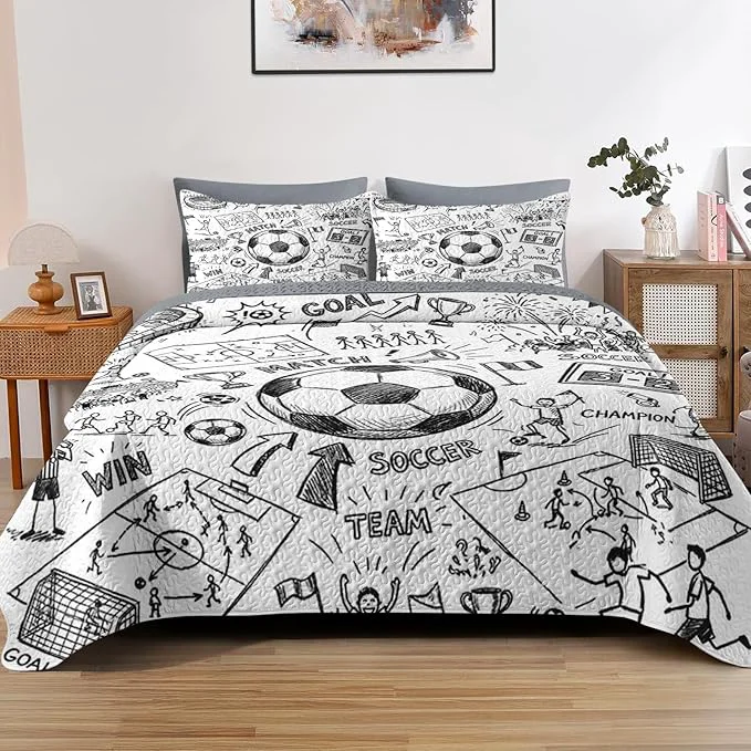 Fashionable Quilt Set Twin Size Game Soccer Painting 2 Pcs Soft Bed Cover Bedding Set for Kids and Adults Football Ball Cup Sport Lightweight Bedspread Coverlet with Pillow Sham for All Season Smooth
