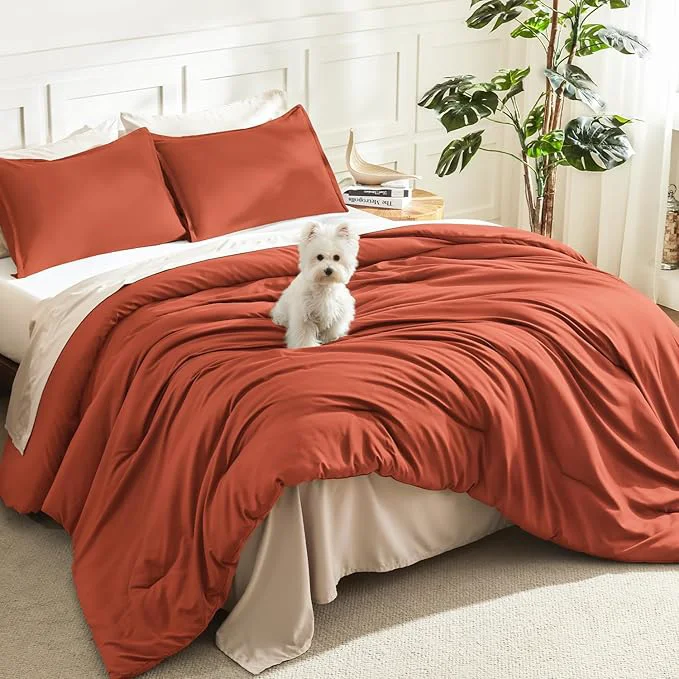 Premium Litanika Burnt Orange California King Comforter Set – 3 Pieces Terracotta Cal King Lightweight Soft Solid Bed Comforter Oversized Fluffy Quilt Blanket Bedding Set 104x96In 2 Pillowcases Expertly Made