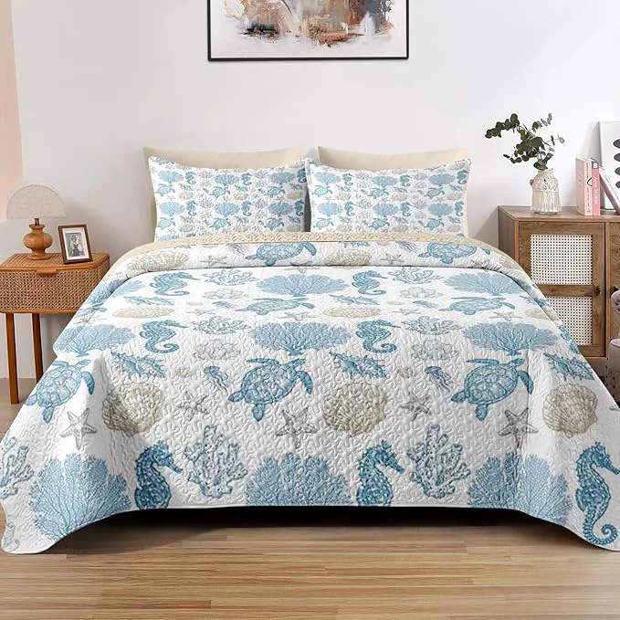 User-Friendly Quilt Set King Size Sea Shell Coral Seahorse 3 Pcs Soft Bed Cover Bedding Set for Kids and Adults Starfish Nautical Lightweight Bedspread Coverlet with Pillow Sham for All Season Prestigious