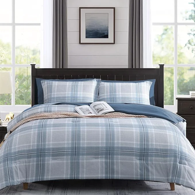 Comfortable MaiRêve Plaid Full Comforter Sets Light Blue Grid Farmhouse Bedding Set Bed in A Bag Classic Checkered Comforter Sets with Fitted amp Flat Sheet Pillowcases amp Shams Light Blue 80 quot x90 quot Versatile