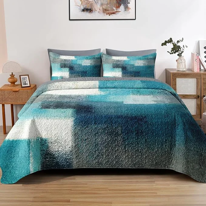 Artisan Quilt Set Full Queen Size Turquoise Grey Painting 3 Pcs Soft Bed Cover Bedding Set for Kids and Adults Teal Contemporary Gray Lightweight Bedspread Coverlet with Pillow Sham for All Season Verified
