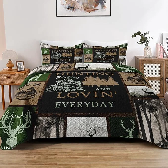 Luxury Quilt Set Twin Size Cabin Deer Animal Tree 2 Pcs Soft Bed Cover Bedding Set for Kids and Adults Rustic Mountains Gray Lightweight Bedspread Coverlet with Pillow Sham for All Season Versatile